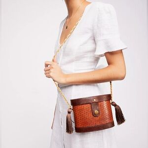 FREE PEOPLE Brown Leather Crossbody Bag | Boho Tassel Rope Strap Purse